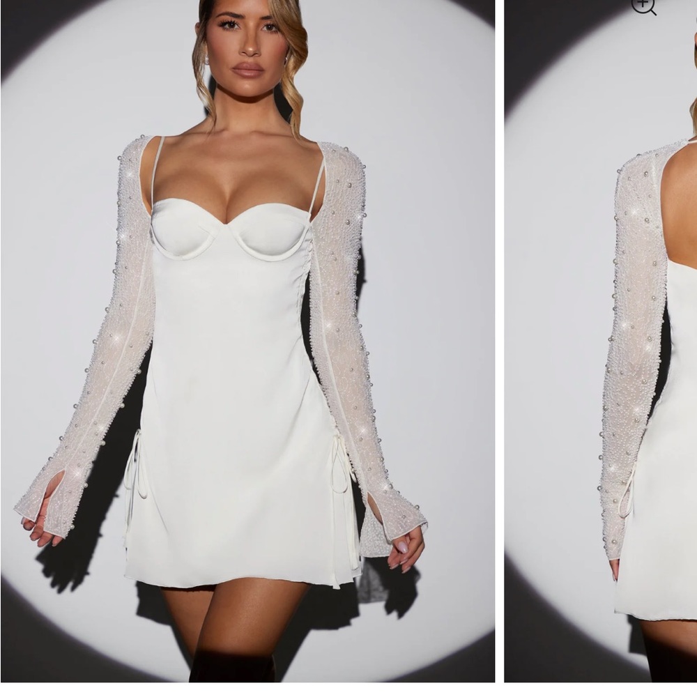 Oh Polly White Dress with Sheer Sleeves